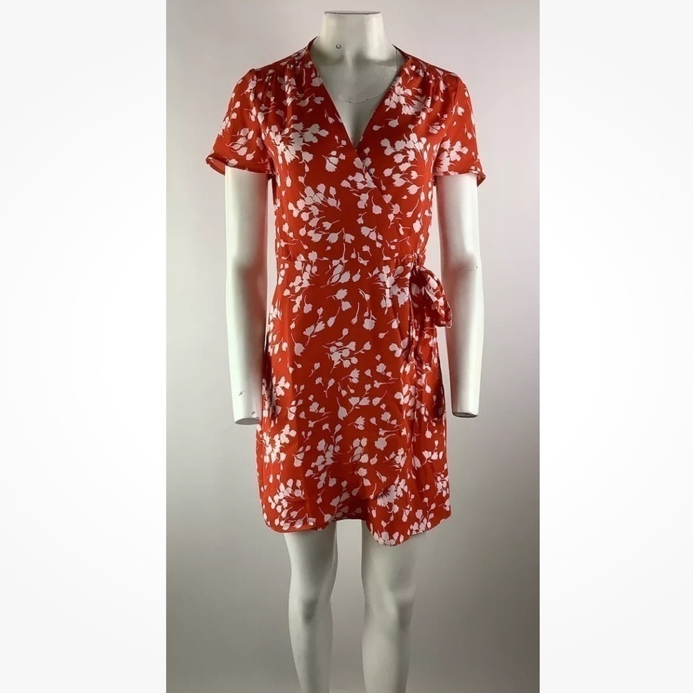 J Crew Sz 2 Floral Print Mini Wrap Dress Red Polyester Short Sleeve Casual